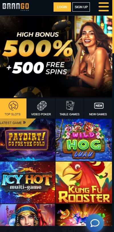 Brango Casino Mobile Homepage Image