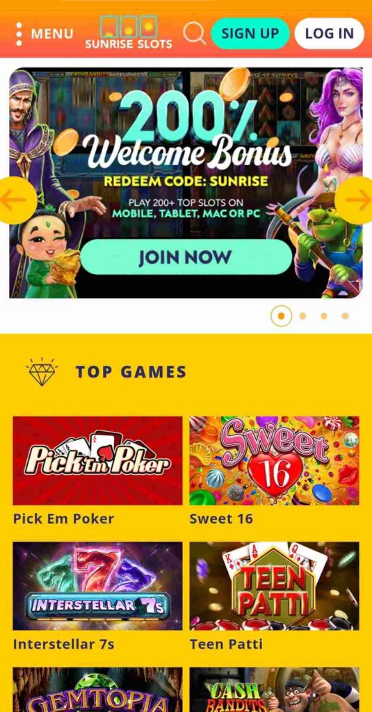 Sunrise Slots Casino Mobile Homepage Image