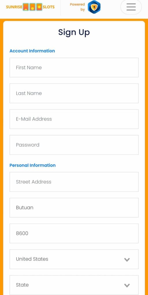 Sunrise Slots Casino Mobile Signup Form Image