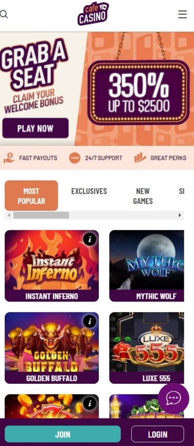 Cafe Casino Mobile Homepage Image